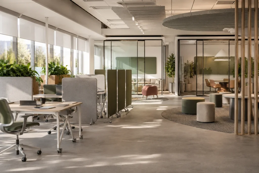 Adaptable office layout with acoustic zones