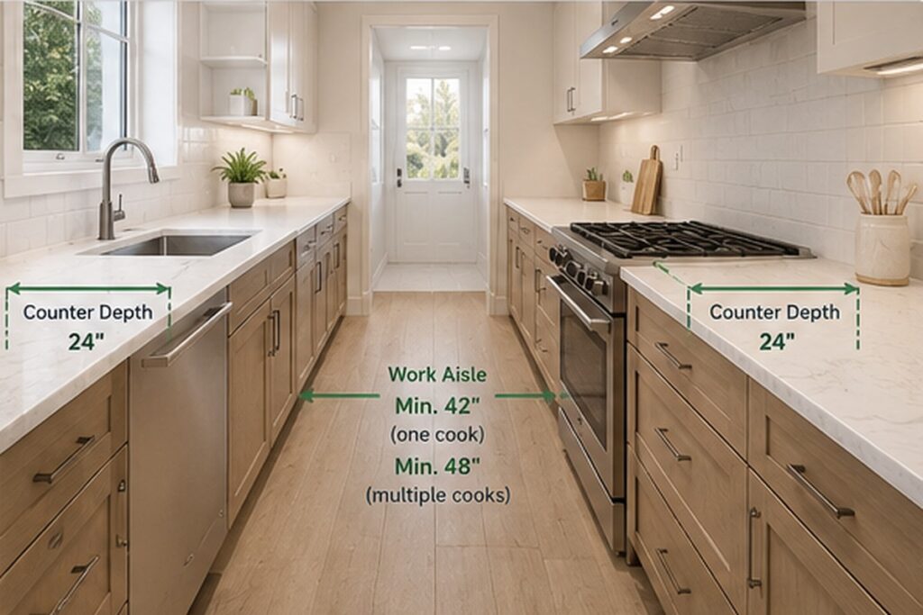 Galley kitchen aisle clearance