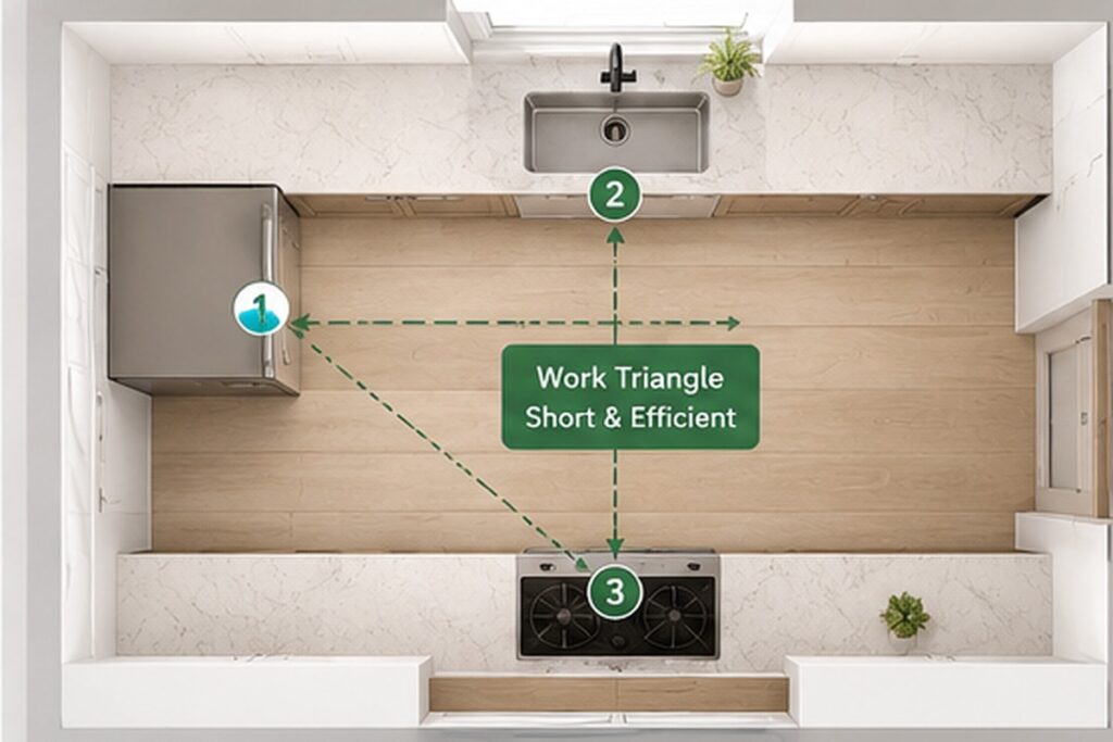 Galley kitchen work zone layout