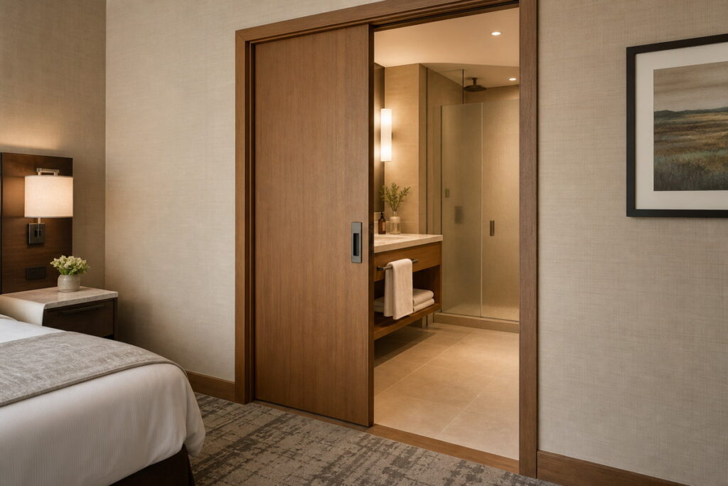 Hotel bathroom pocket door