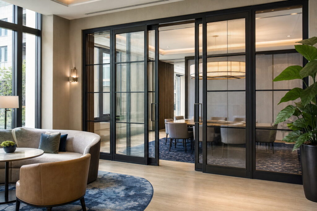 Hotel lobby glass meeting room doors