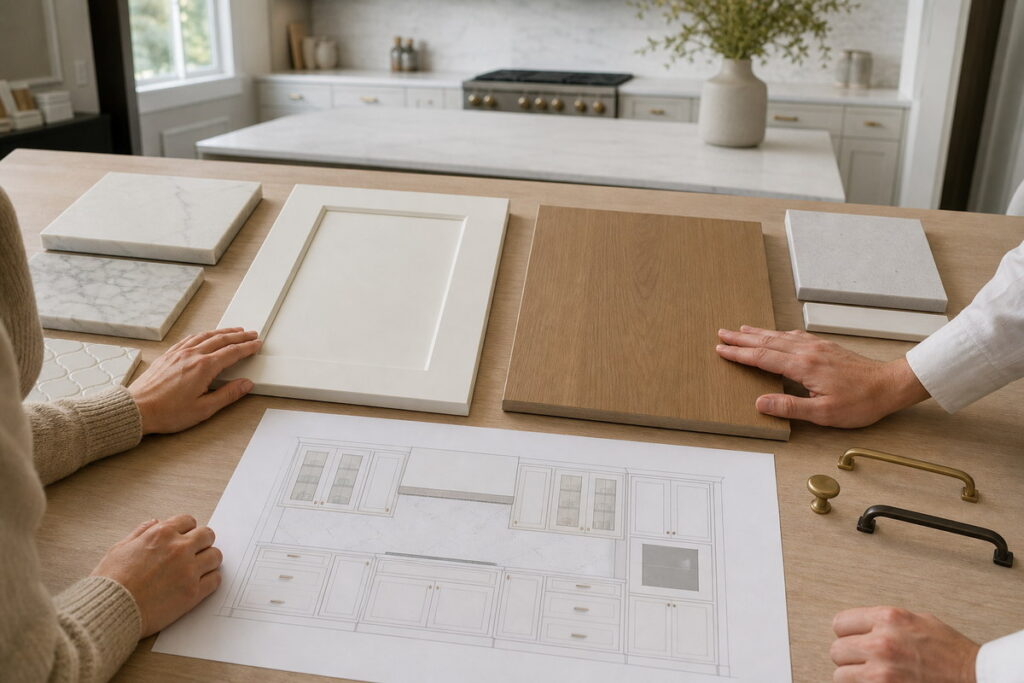 [样品与立面审核](/C:/Users/Admin/Desktop/GEORGE INTERIOR Design/outputs/kitchen-cabinet-styles-images/kitchen-cabinet-sample-review.jpg)Kitchen cabinet sample and elevation review