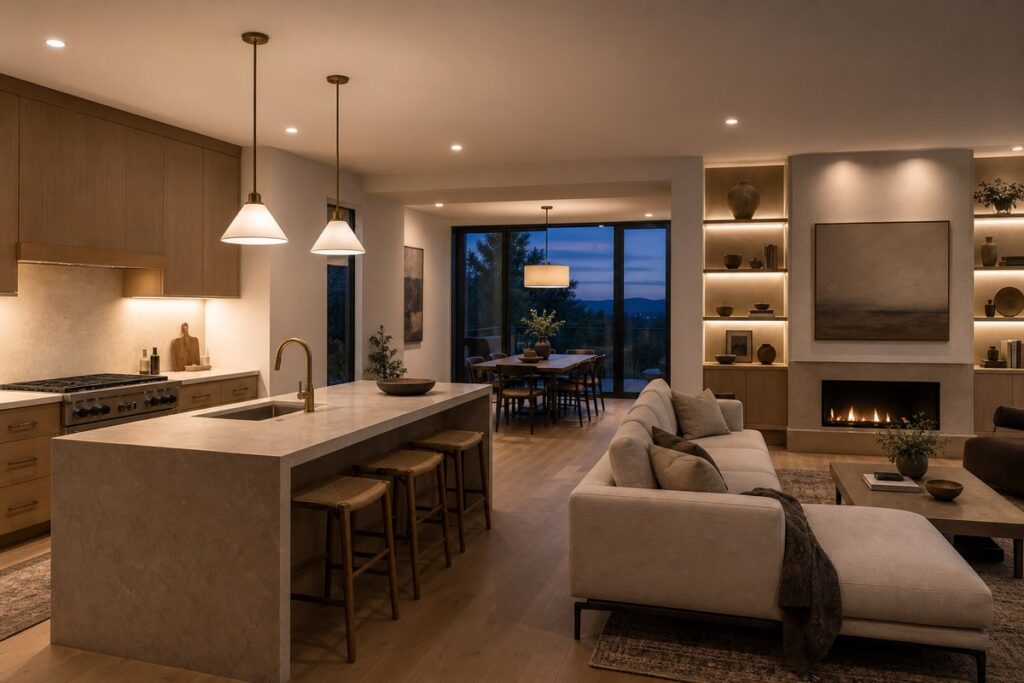 Open-concept kitchen and living room lighting