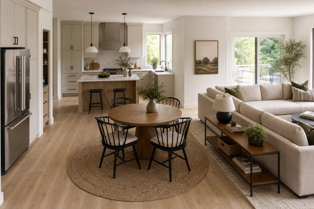 Open-concept kitchen and living room zones