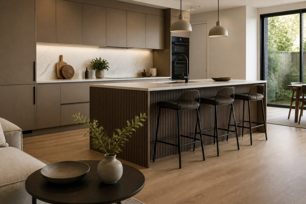 Fluted island face with flat kitchen cabinets