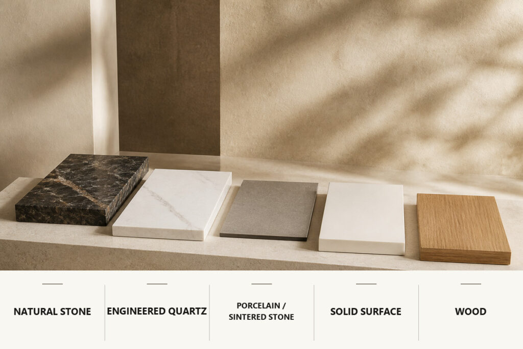 Five kitchen countertop types with labels