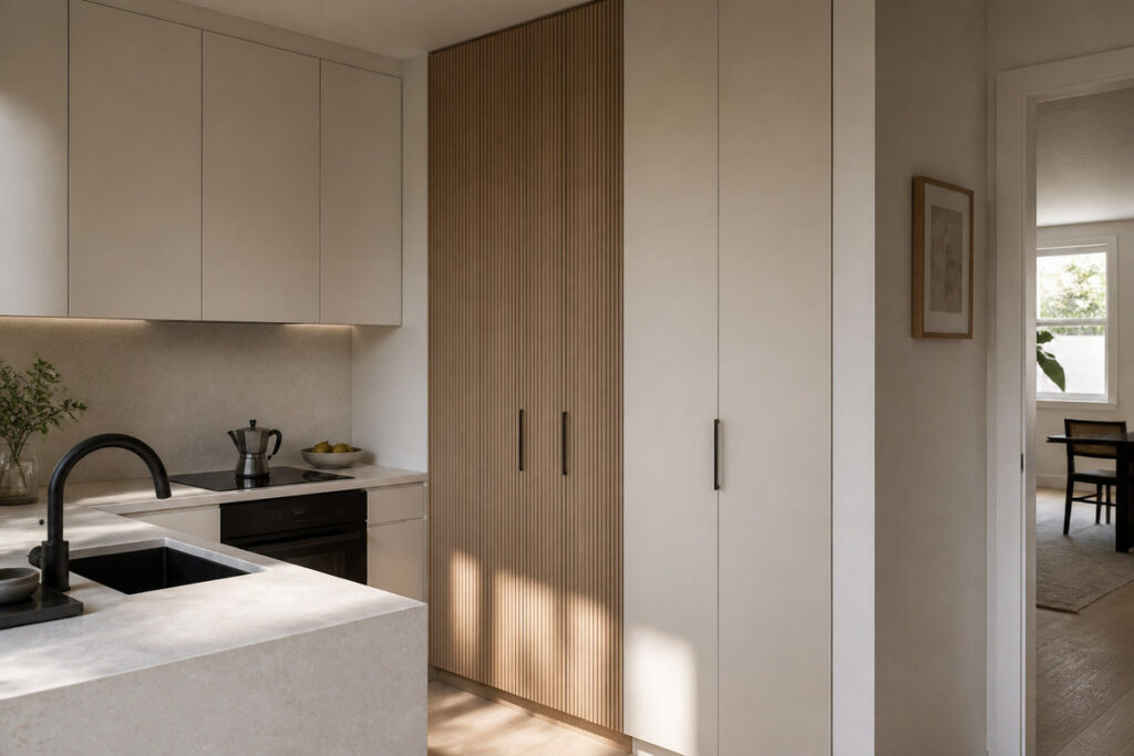 Fluted tall cabinet beside flat kitchen doors