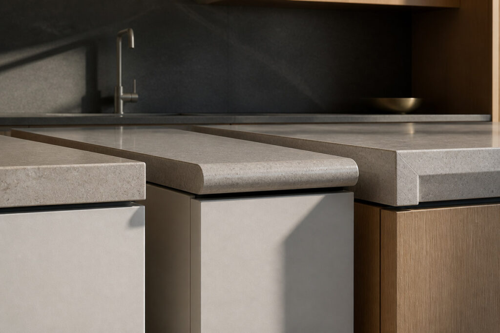 Kitchen countertop edge profiles in close-up