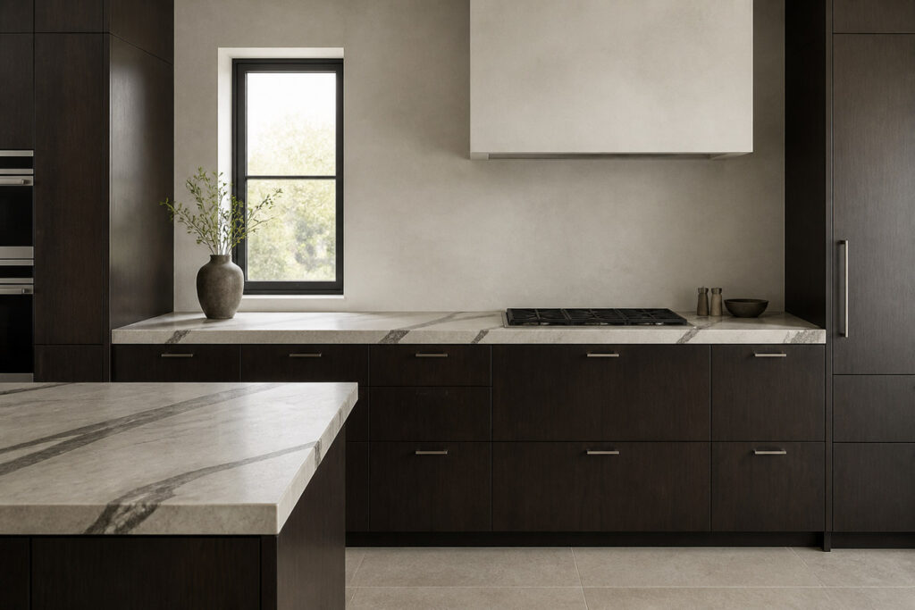 Dark cabinets with a veined kitchen countertop
