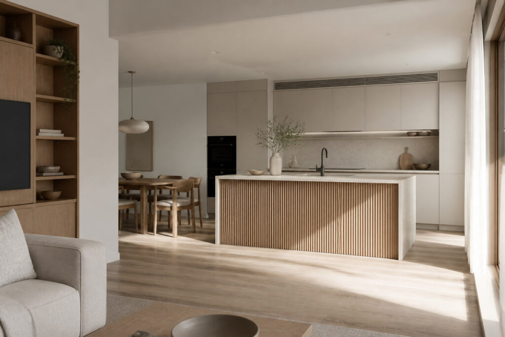 Fluted island in a sunlit open-plan kitchen