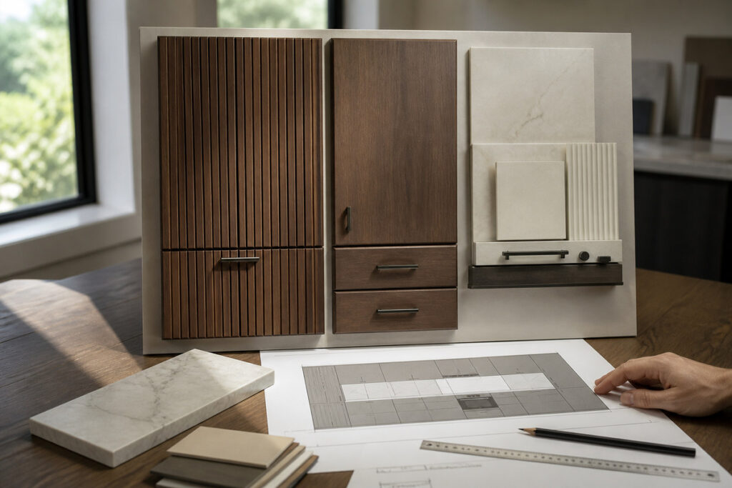 Fluted cabinet sample with finish swatches