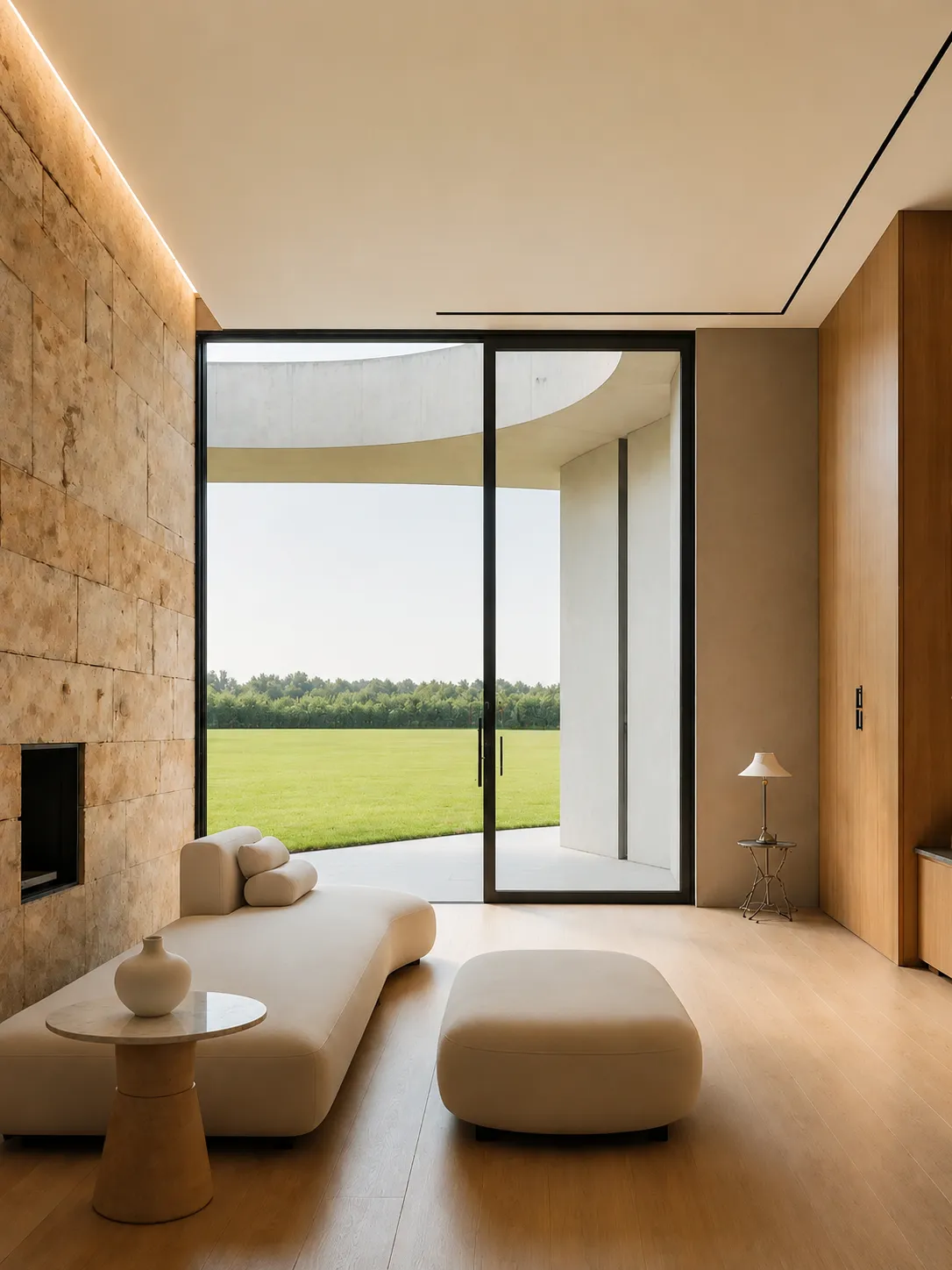Warm modern living room with natural texture and simple furniture