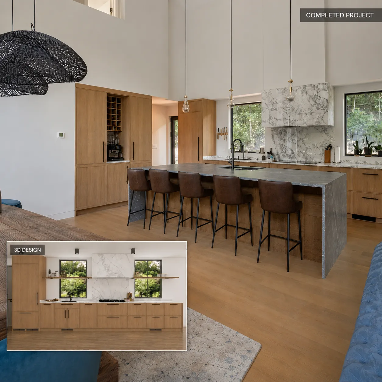 Residential material palette with stone, wood, fabric and warm neutral finishes