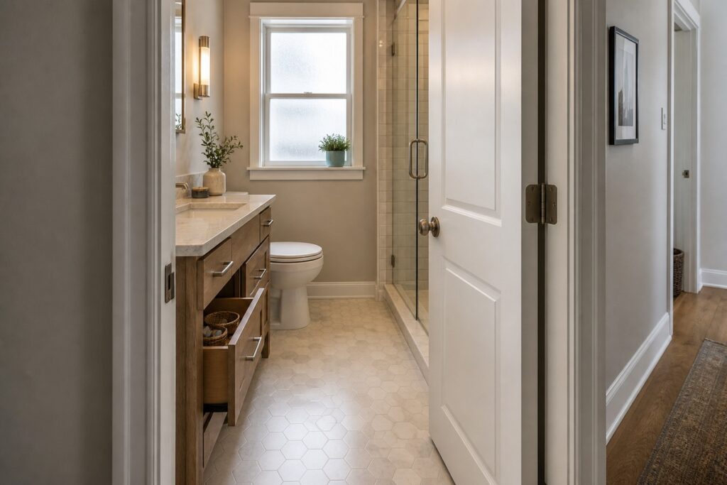 Bathroom door swing beside open vanity