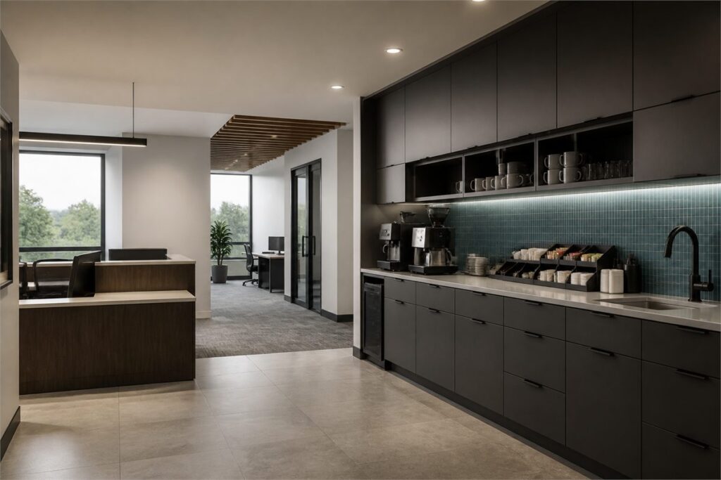 High-use commercial office pantry cabinetry