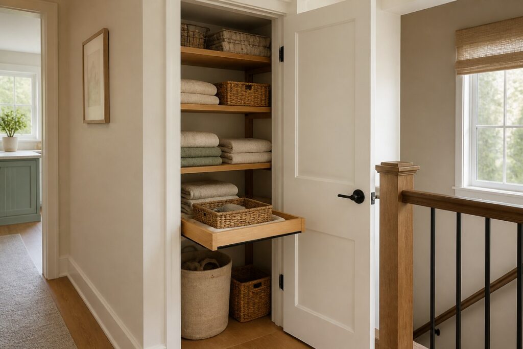 Closet door opening to storage shelves