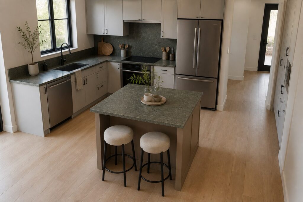 Compact L-shaped kitchen with a small island