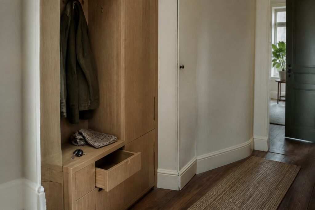 Built-in entry joinery with concealed storage