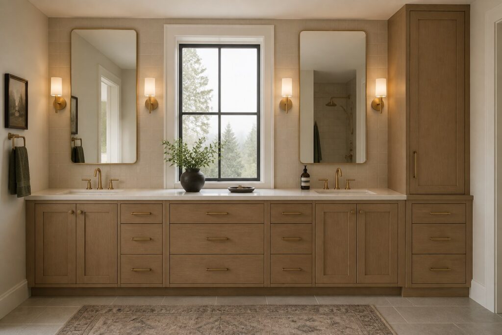 Double vanity mirror and lighting alignment
