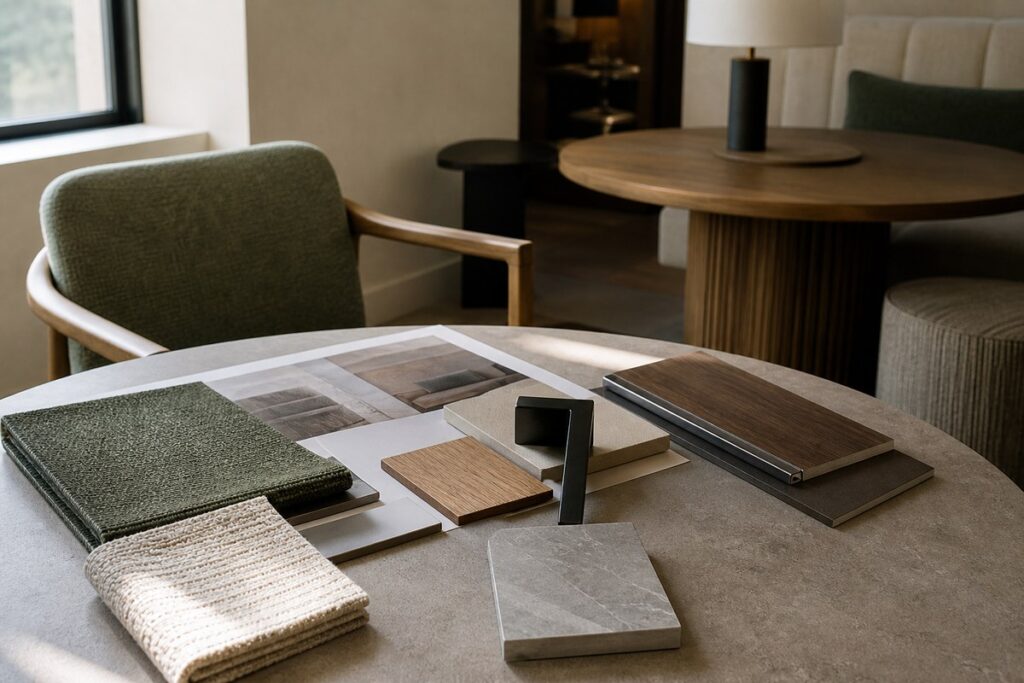 Interior finish samples beside FF&E