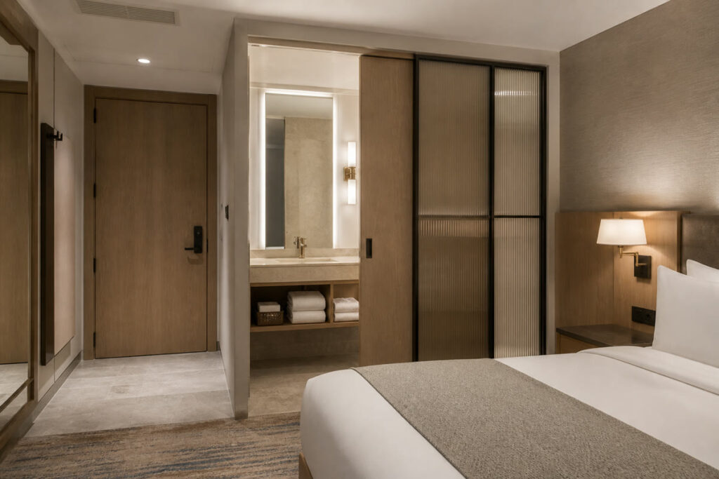 Hotel bathroom privacy and guest circulation