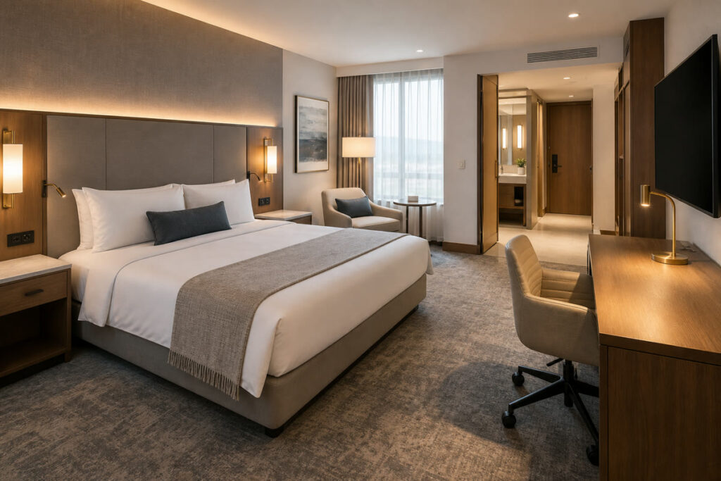 Hotel room bed, desk, and seating zones