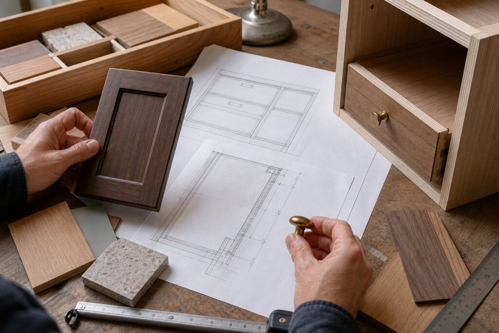 Joinery samples beside shop drawings