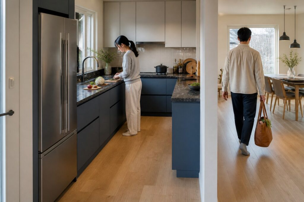 L-shaped kitchen with a clear pass-through route
