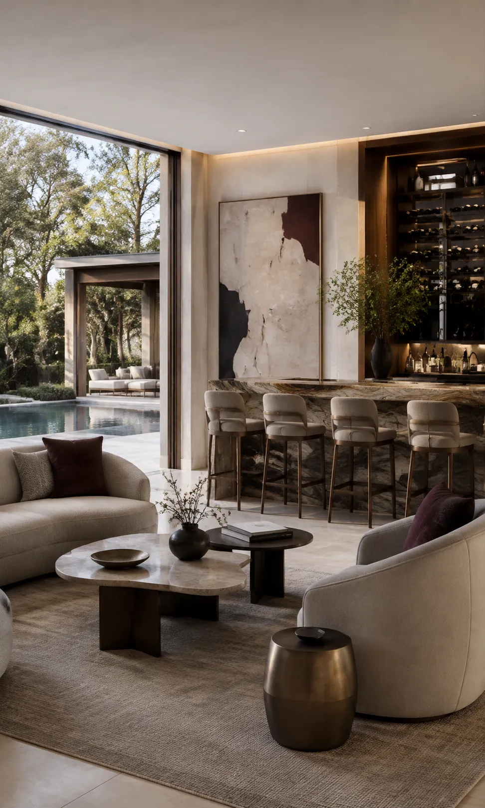 Luxury residential dining and living area with refined furniture and lighting