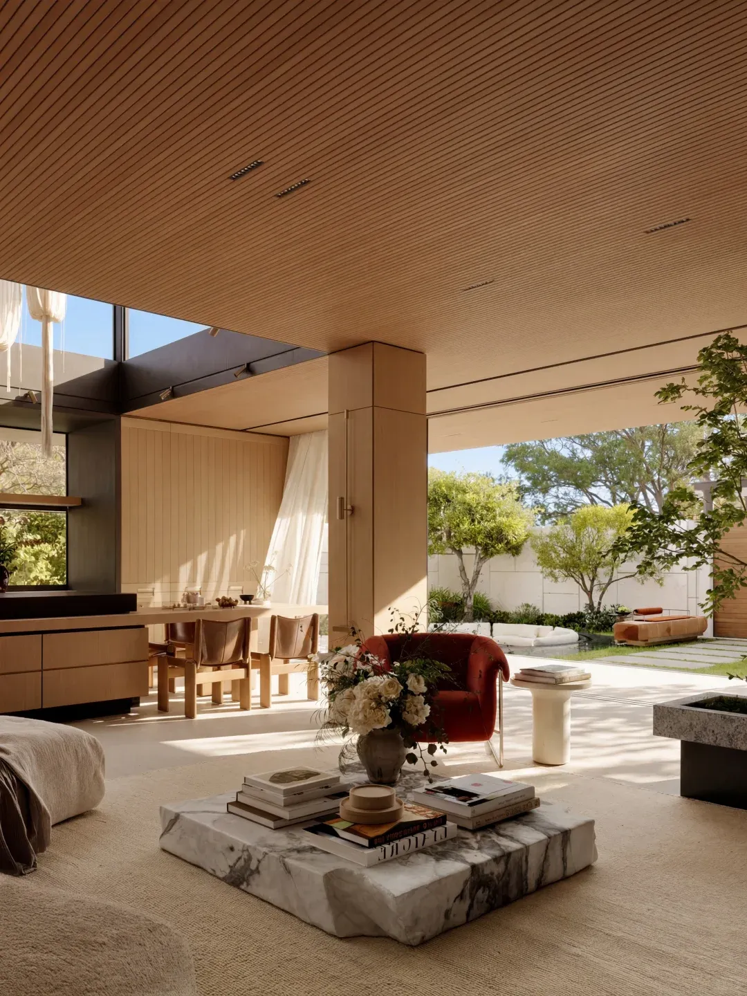 Luxury residential interior material quality with stone wood and furniture details
