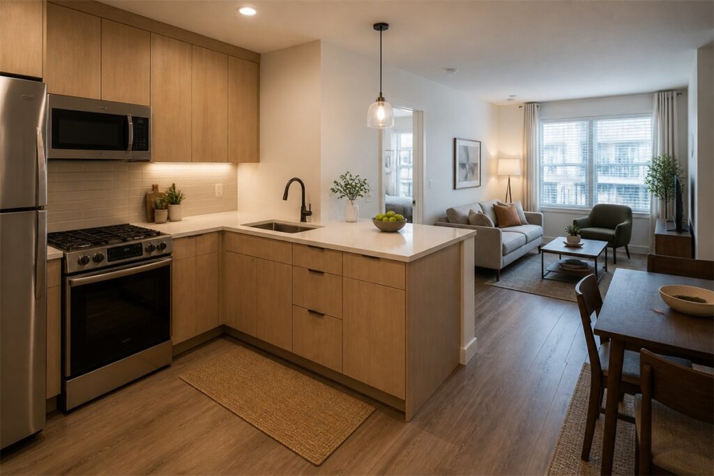 [peninsula-kitchen-unit-footprint-living-route.jpg](C:/Users/Admin/Desktop/GEORGE INTERIOR Design/output/imagegen/peninsula-kitchen-unit-footprint-living-route.jpg)Peninsula kitchen with clear living route