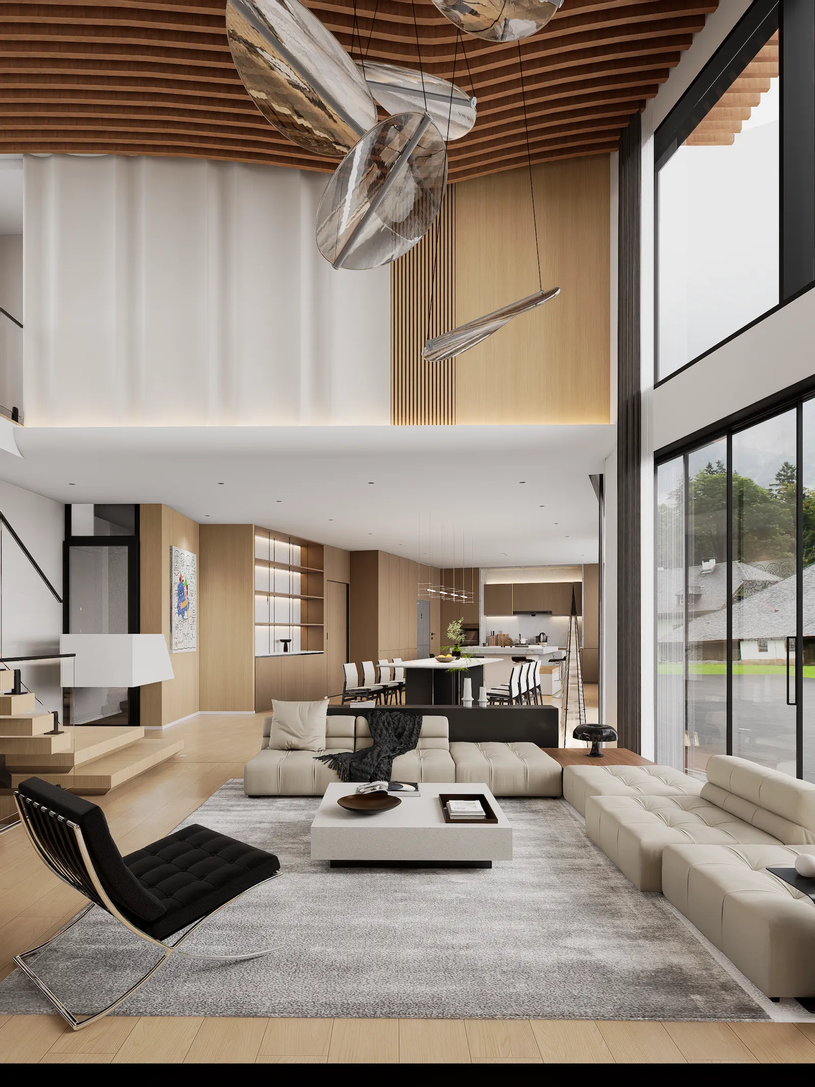 Modern residential kitchen with integrated cabinetry and warm finishes