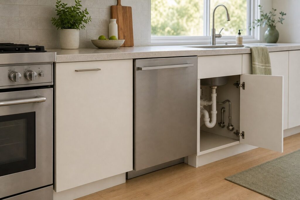 Cabinet exposure near sink and dishwasher