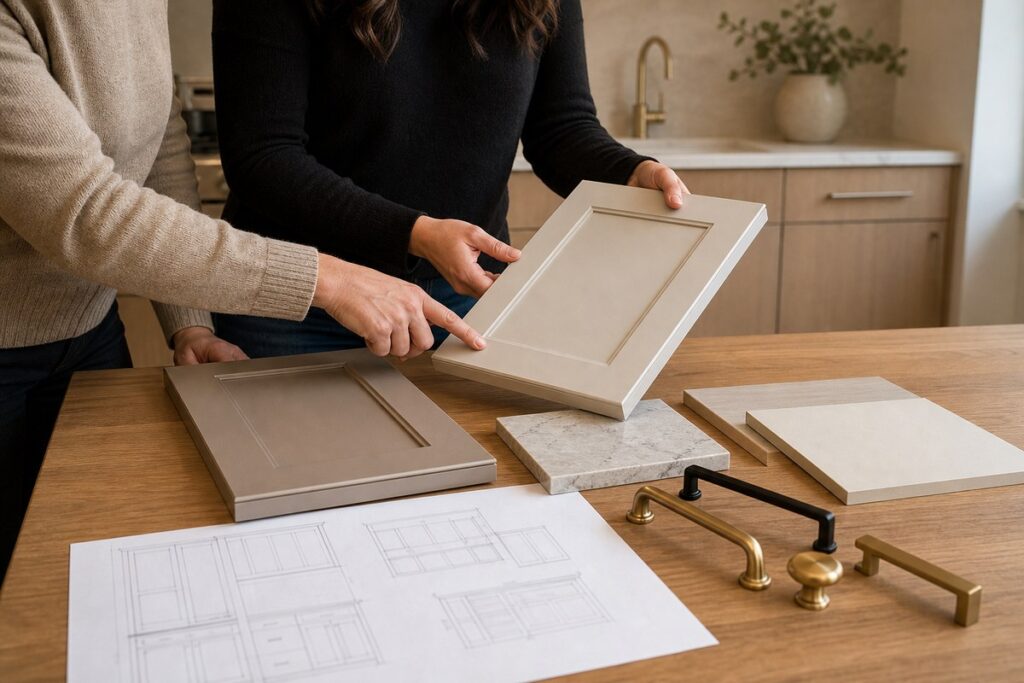 Cabinet finish samples under room light