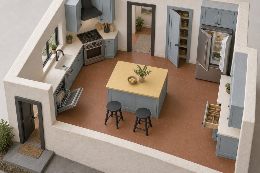 Kitchen island clearance with open doors
