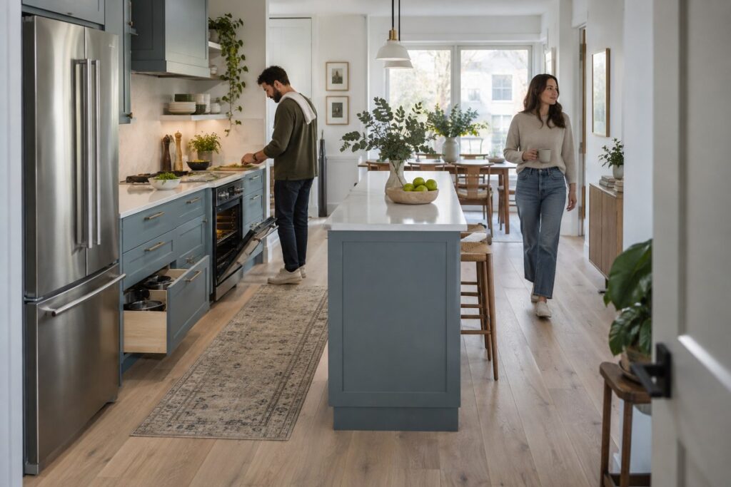 Kitchen island clearance with open traffic path