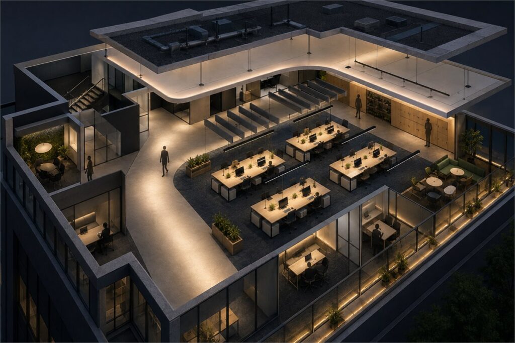 Layered office lighting strategy in an open plan
