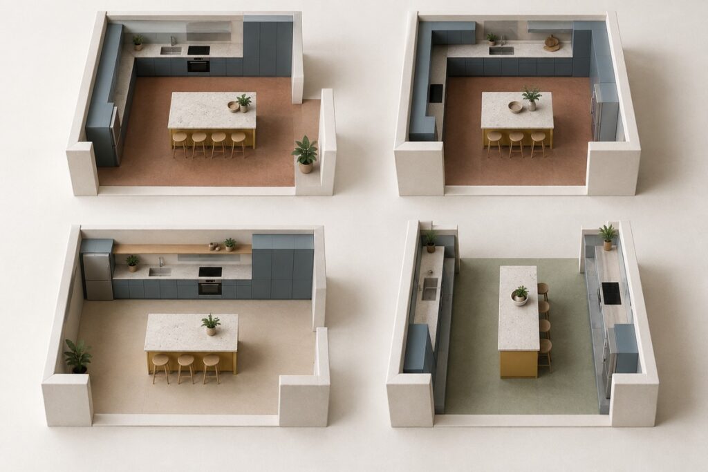 Four kitchen layouts with islands