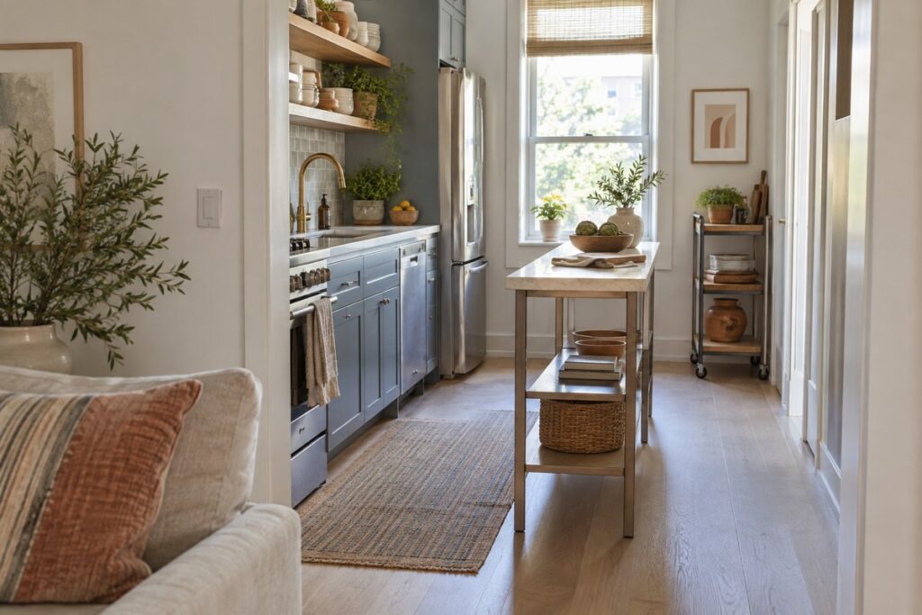 Narrow kitchen island with open base