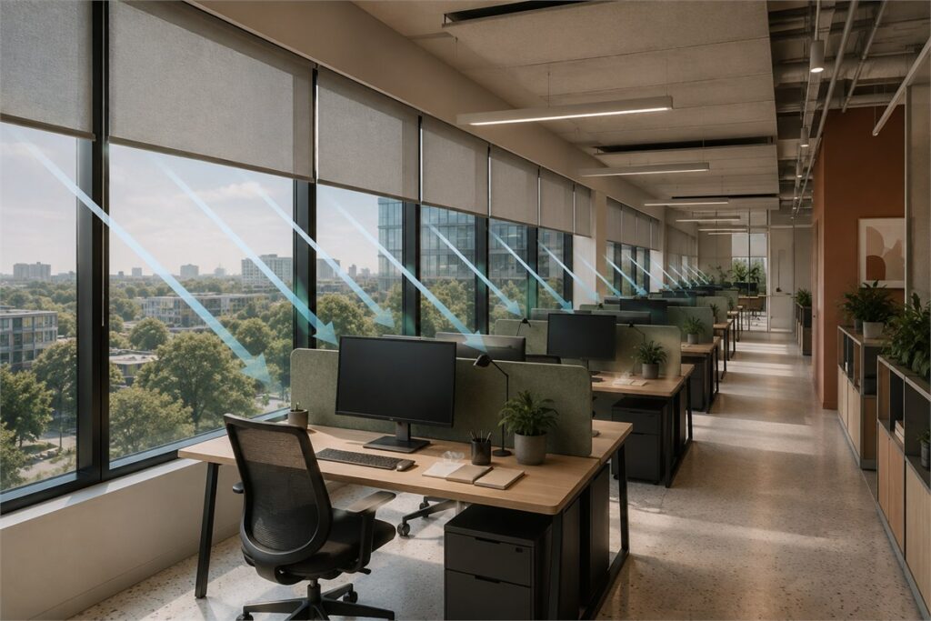 Office desks positioned perpendicular to windows