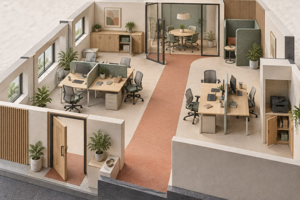 Small office workstations with clear circulation