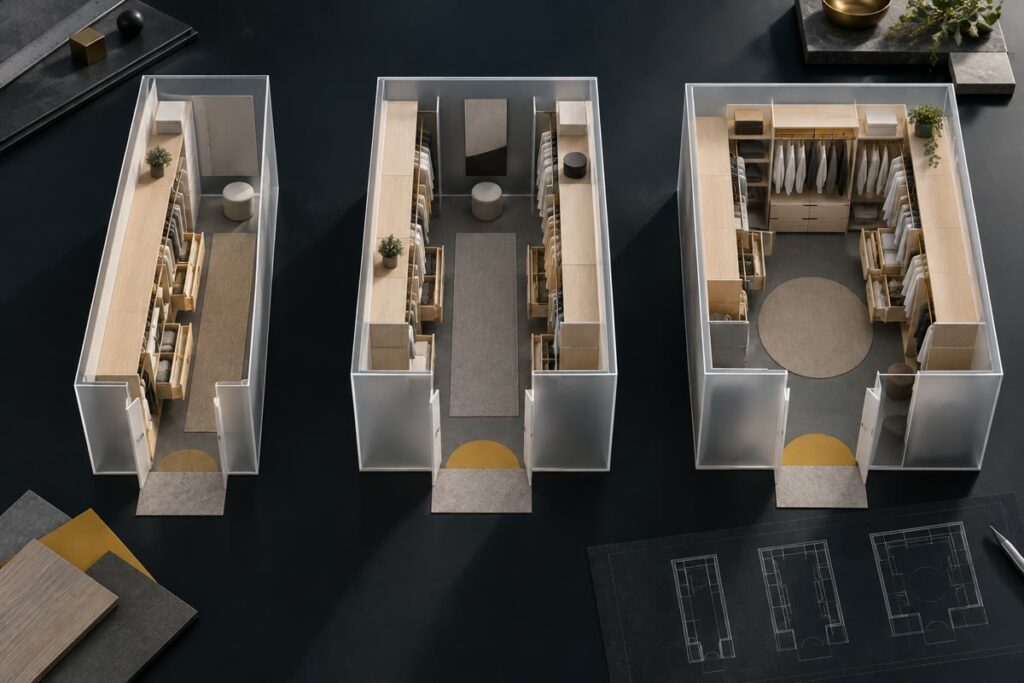 One-wall, galley, and U-shaped closet layouts