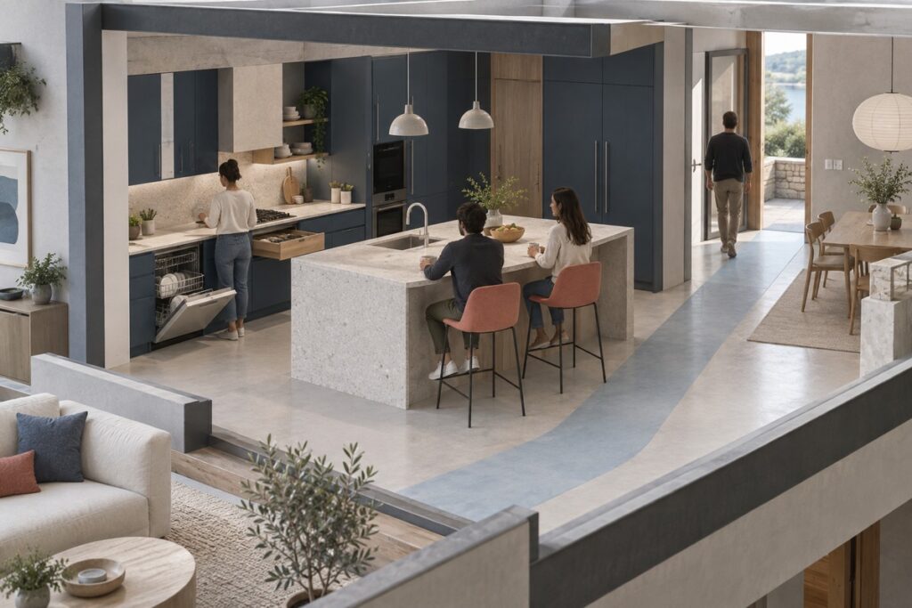 Kitchen island traffic path behind stools