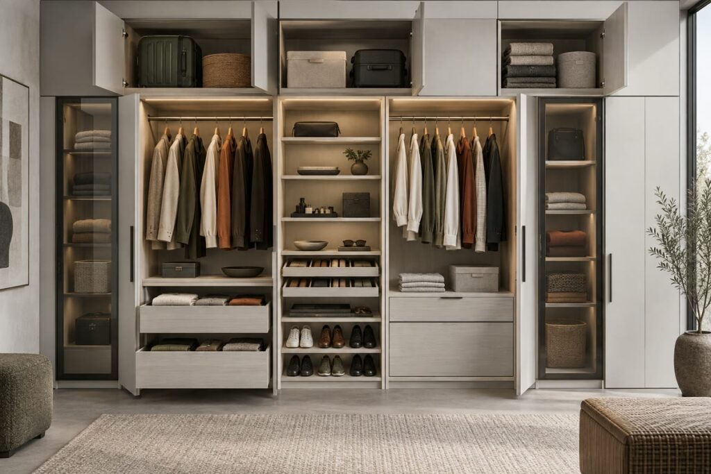 Walk-in closet storage zones for daily use