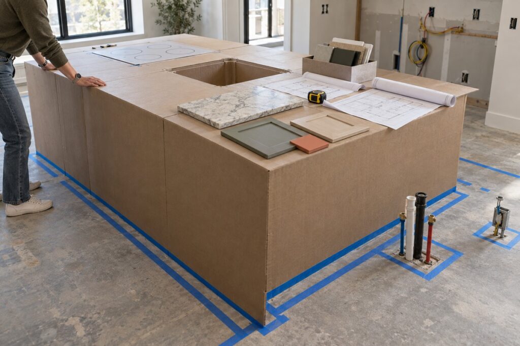 Kitchen island mockup with plumbing rough-ins