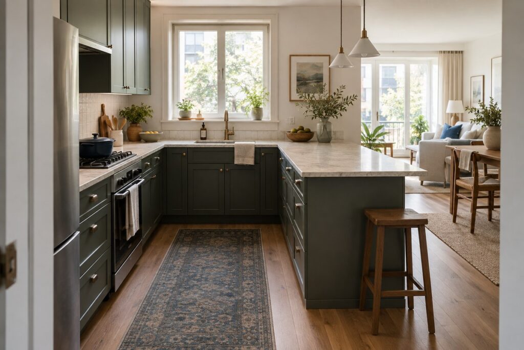 Small kitchen peninsula with clear traffic path