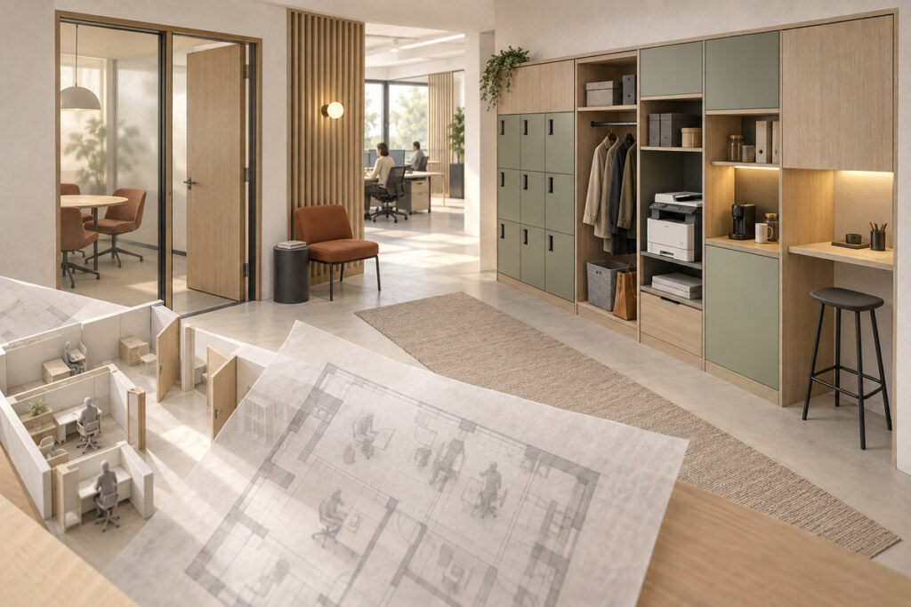 Small office reception storage and printer wall
