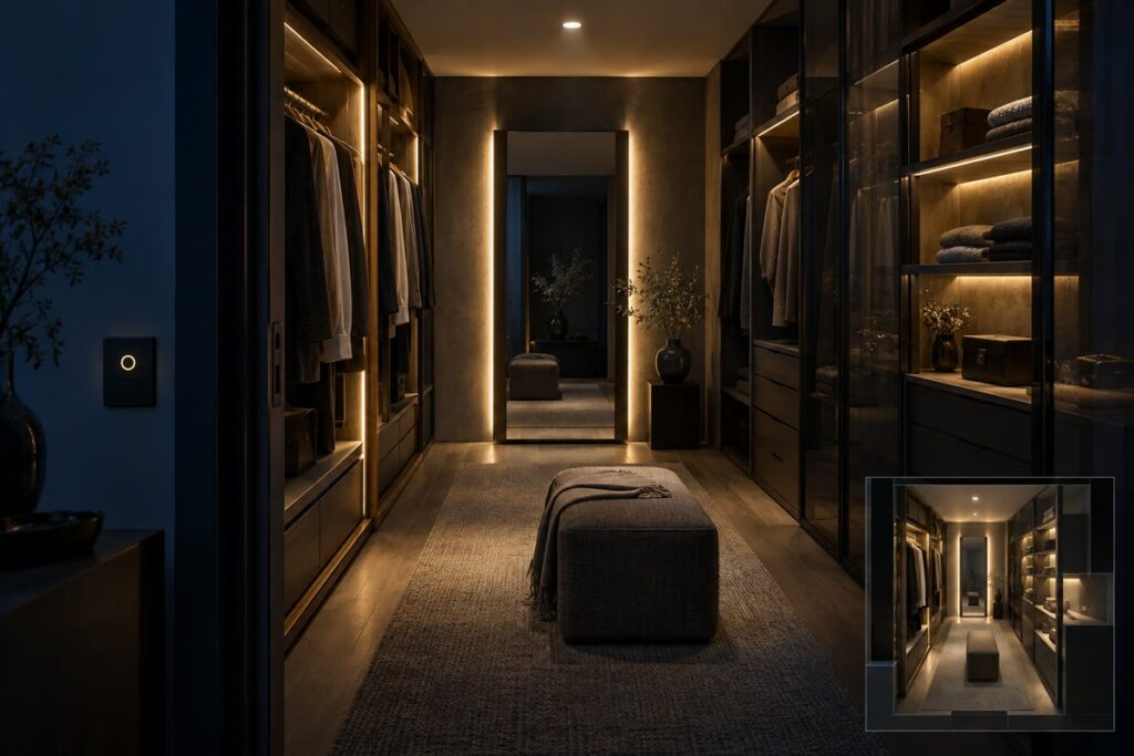 Walk-in closet lighting for mirror and shelves