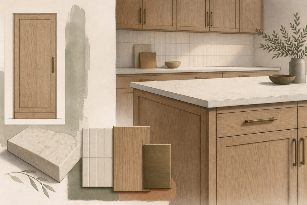 White oak island with stone and tile