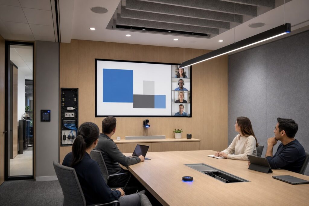 Conference room AV planning with camera and mic